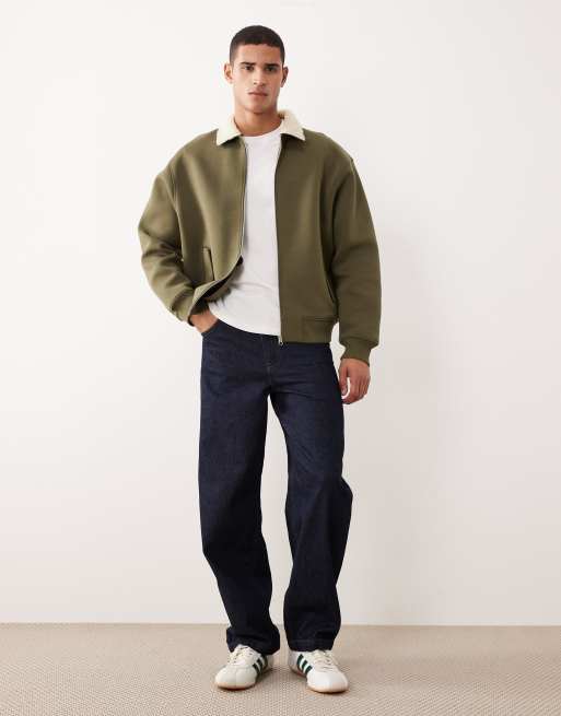ASOS DESIGN heavyweight relaxed bomber jacket in scuba-style fabric with borg collar in khaki - KHAKI, 2 of 5