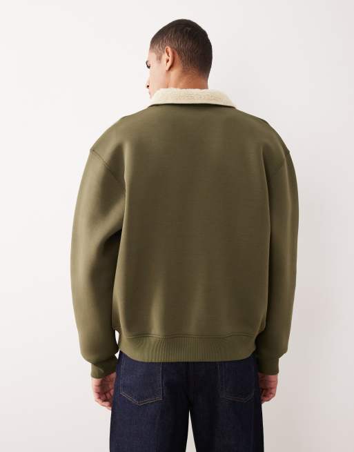 ASOS DESIGN heavyweight relaxed bomber jacket in scuba-style fabric with borg collar in khaki - KHAKI, 3 of 5