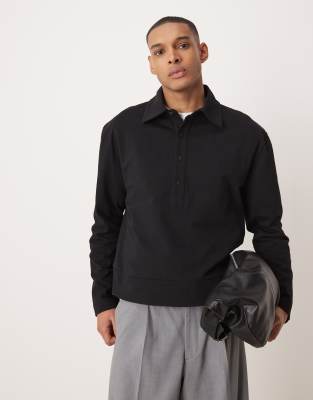 heavyweight relaxed boxy long sleeve polo shirt in black