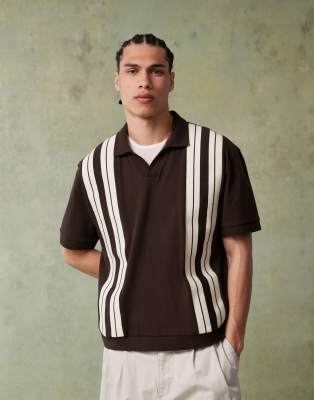 Asos Design Heavyweight Relaxed Boxy Polo Shirt With Panel Detail 240gsm In Brown