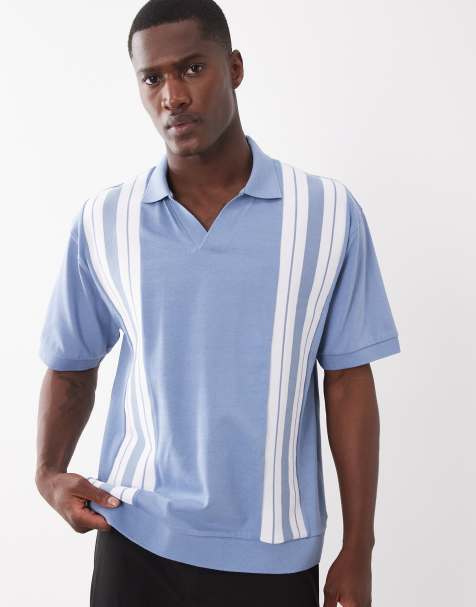 ASOS DESIGN heavyweight relaxed boxy polo with panel detail in blue - view 1