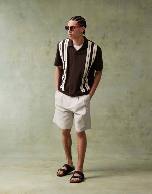 ASOS DESIGN heavyweight relaxed boxy polo with panel detail in brown , 2 of 4