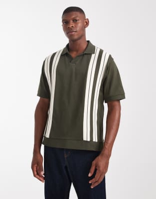 Asos Design Heavyweight Relaxed Boxy Polo With Panel Detail In Green