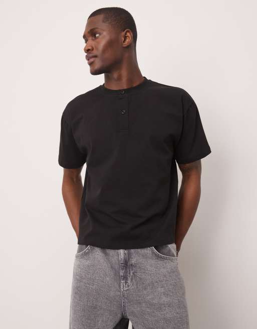 ASOS DESIGN heavyweight relaxed boxy t-shirt with henley neck in black, 3 of 4