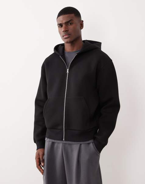 ASOS DESIGN heavyweight relaxed boxy zip through hoodie in scuba-style fabric in black - BLACK - view 1
