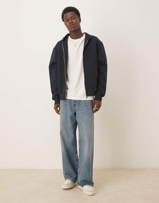 ASOS DESIGN heavyweight relaxed boxy zip-through hoodie in scuba-style fabric in navy