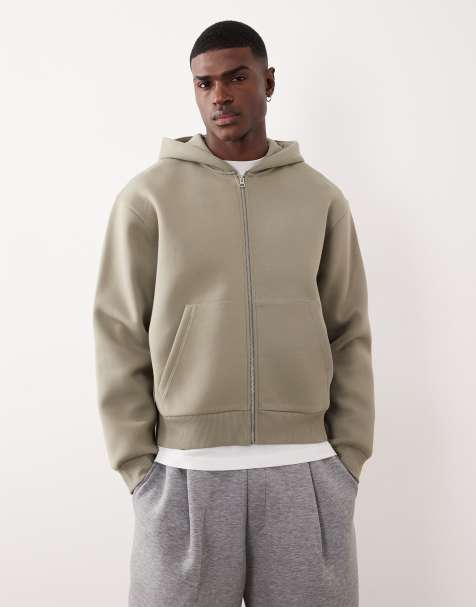 ASOS DESIGN heavyweight relaxed boxy zip up hoodie in scuba-style fabric in khaki - view 1