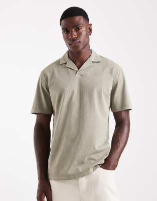 heavyweight relaxed camp collar polo shirt in garment dyed khaki green
