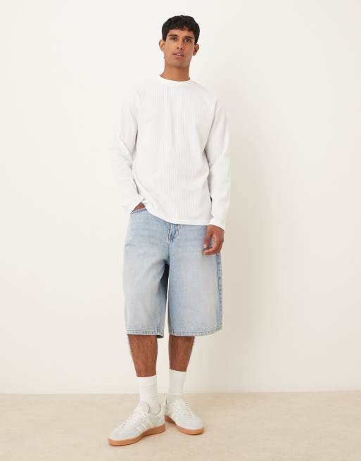 ASOS DESIGN heavyweight relaxed fit long sleeve t-shirt in textured blue and off white stripe , 2 of 5