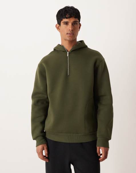 ASOS DESIGN heavyweight relaxed half zip hoodie in scuba-style fabric in khaki - view 1