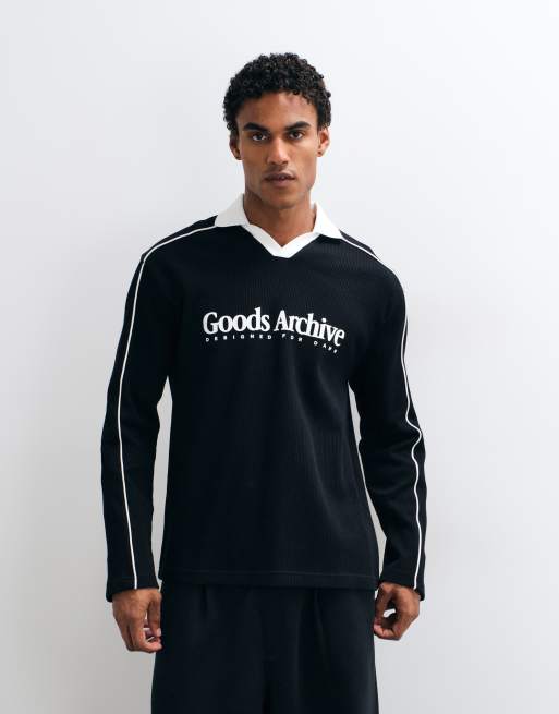 ASOS DESIGN heavyweight relaxed long sleeve polo with piping and text graphic in black waffle fabric, 3 of 5