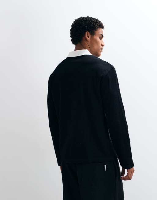 ASOS DESIGN heavyweight relaxed long sleeve polo with piping and text graphic in black waffle fabric, 4 of 5