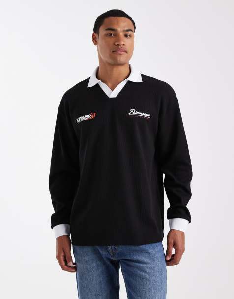 ASOS DESIGN heavyweight relaxed long sleeve polo with text graphic in black waffle - view 1