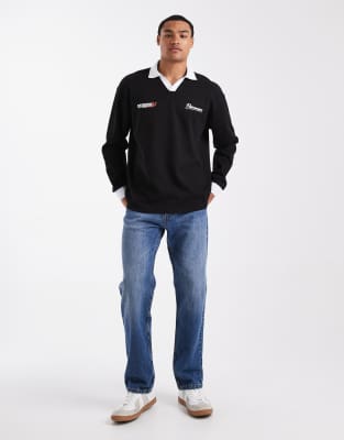 Asos Design Heavyweight Relaxed Long Sleeve Polo With Text Graphic In Blue