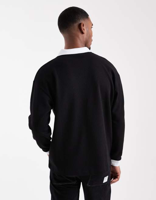 ASOS DESIGN heavyweight relaxed long sleeve polo with text graphic in black waffle, 3 of 5