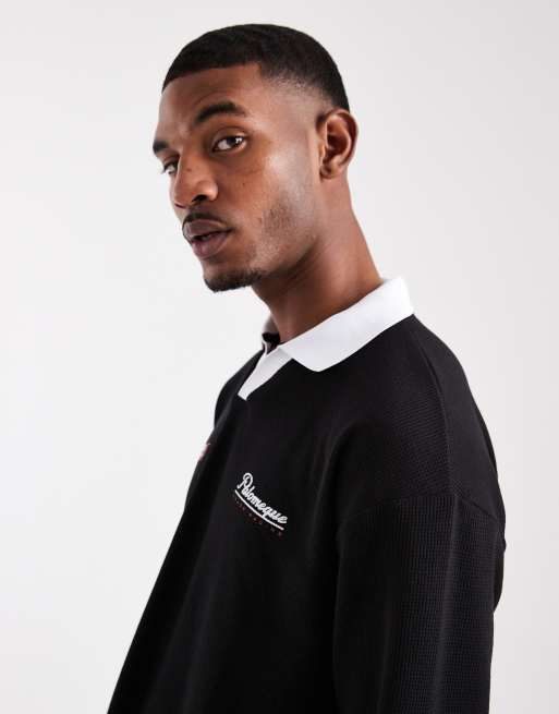 ASOS DESIGN heavyweight relaxed long sleeve polo with text graphic in black waffle, 4 of 5
