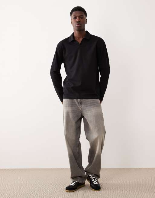 ASOS DESIGN heavyweight relaxed long sleeve revere polo in black soft touch, 2 of 5