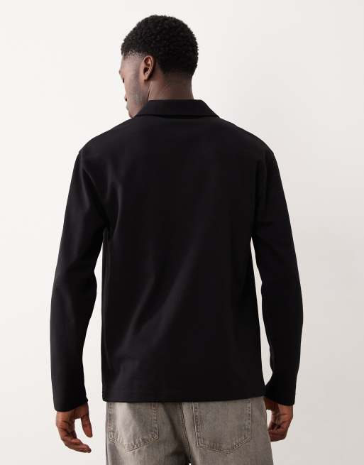 ASOS DESIGN heavyweight relaxed long sleeve revere polo in black soft touch, 3 of 5