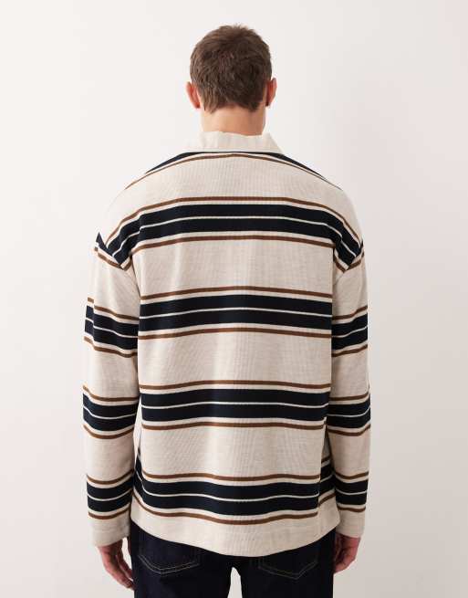 ASOS DESIGN heavyweight relaxed long sleeve rugby polo in ecru and navy stripe , 3 of 5