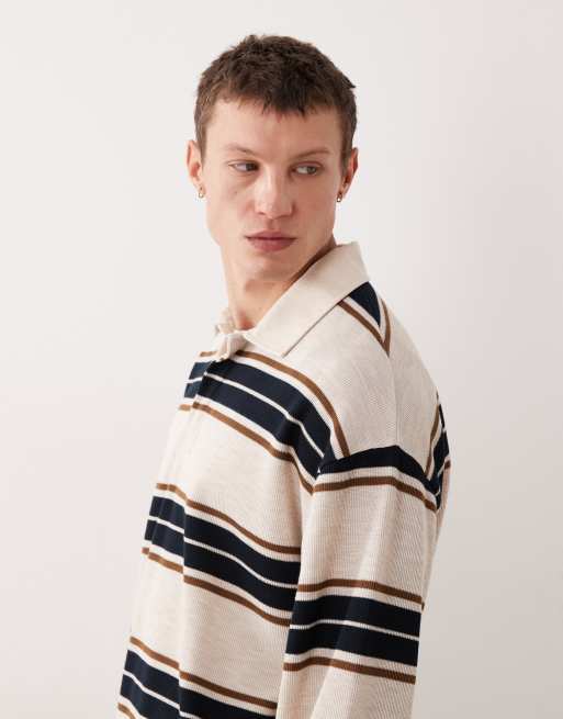 ASOS DESIGN heavyweight relaxed long sleeve rugby polo in ecru and navy stripe , 4 of 5