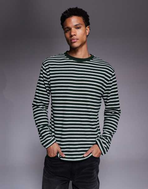 ASOS DESIGN heavyweight relaxed long sleeve stripe t-shirt in green texture
