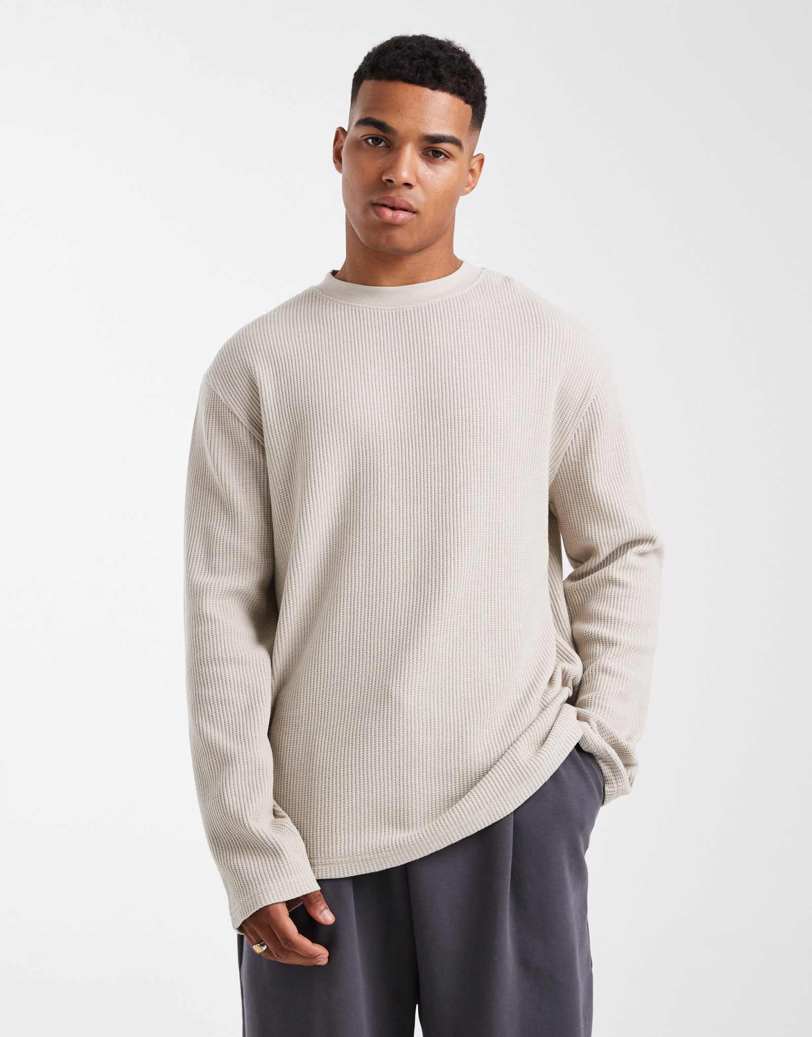 Лонгслив ASOS DESIGN бежевый из вафельной ткани