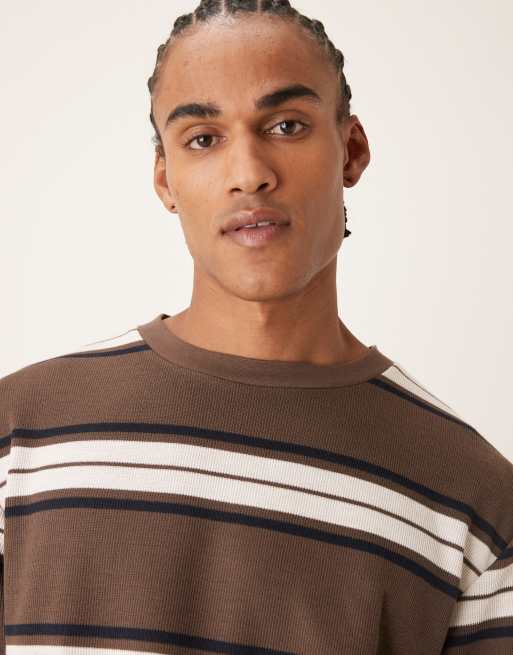 ASOS DESIGN heavyweight relaxed long sleeve t-shirt in ecru and brown stripe , 5 of 5