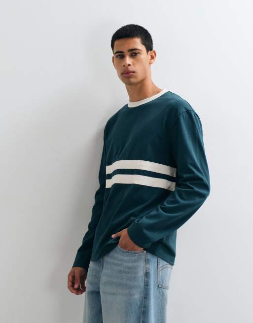 ASOS DESIGN heavyweight relaxed long sleeve t-shirt with chest stripe in dark green, 3 of 5