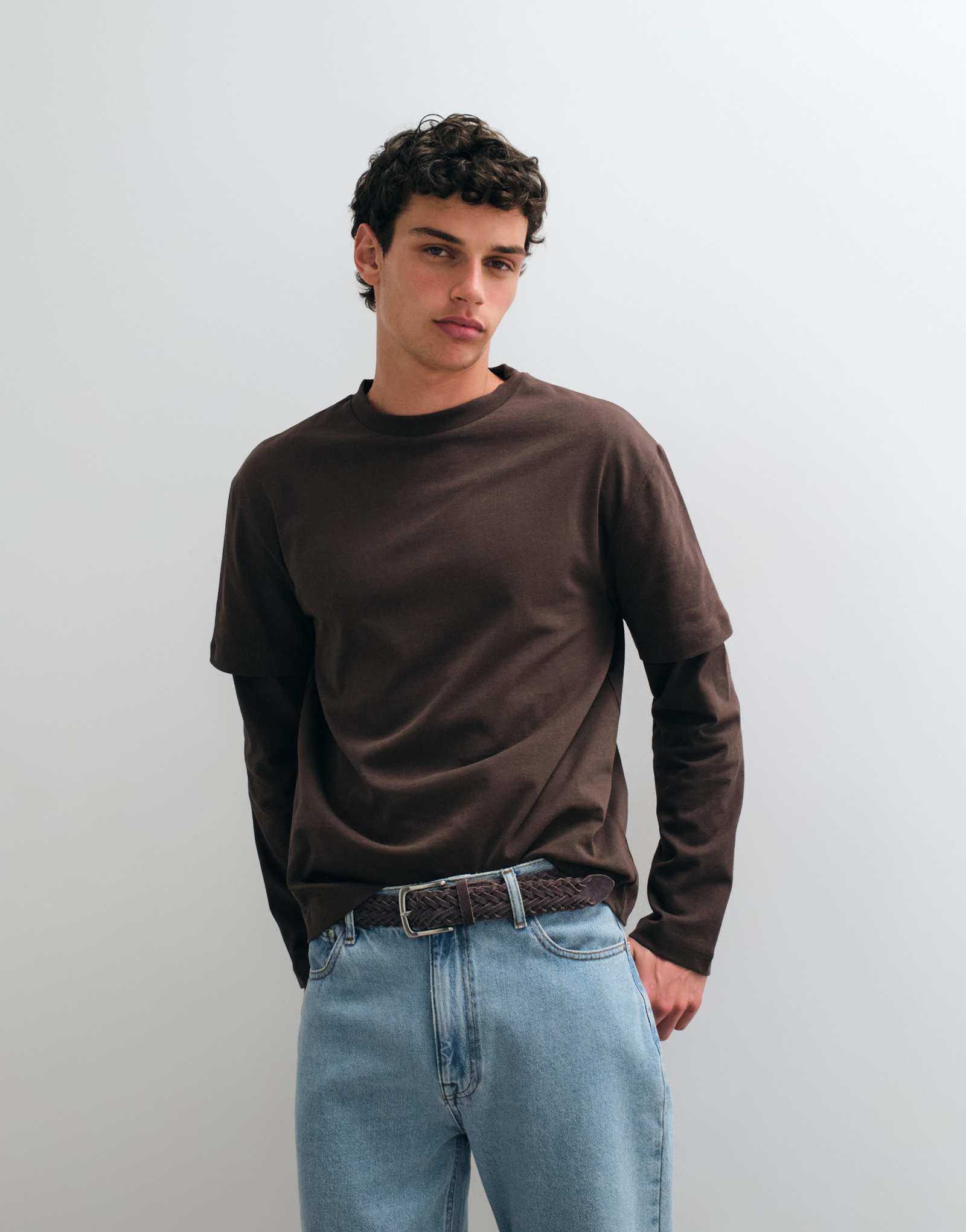 Мужская футболка ASOS Design с двойным рукавом, коричневая