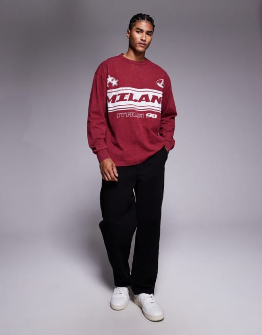 ASOS DESIGN heavyweight relaxed long sleeve t-shirt with Milano sports graphic in washed red