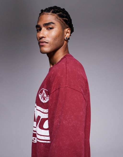 ASOS DESIGN heavyweight relaxed long sleeve t-shirt with Milano sports graphic in washed red