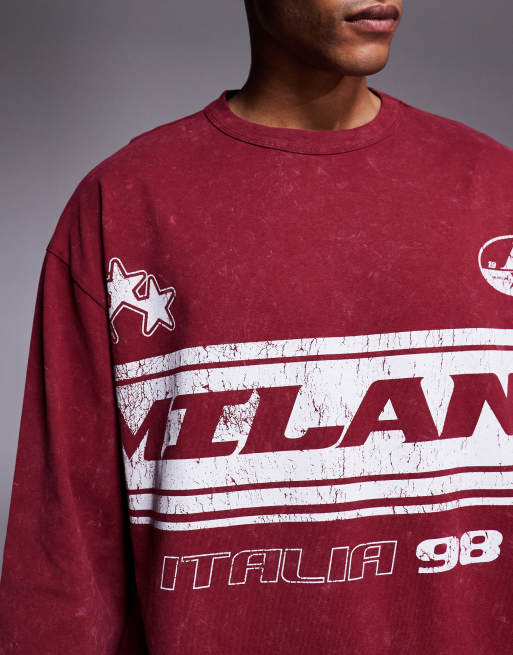 ASOS DESIGN heavyweight relaxed long sleeve t-shirt with Milano sports graphic in washed red