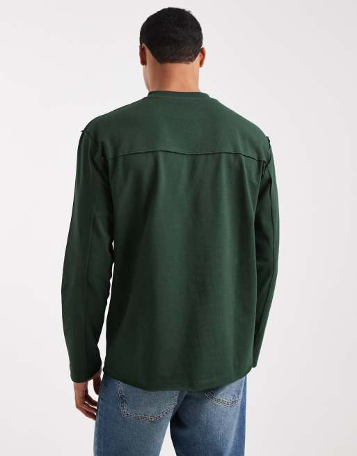 ASOS DESIGN heavyweight relaxed long sleeve t-shirt with raw hem in dark green, 3 of 5