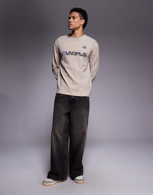 ASOS DESIGN heavyweight relaxed long sleeve T-shirt with soccer text graphic in beige texture, 2 of 5