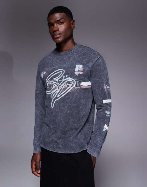 ASOS DESIGN heavyweight relaxed long sleeve t-shirt with street graphic in washed black - view 1