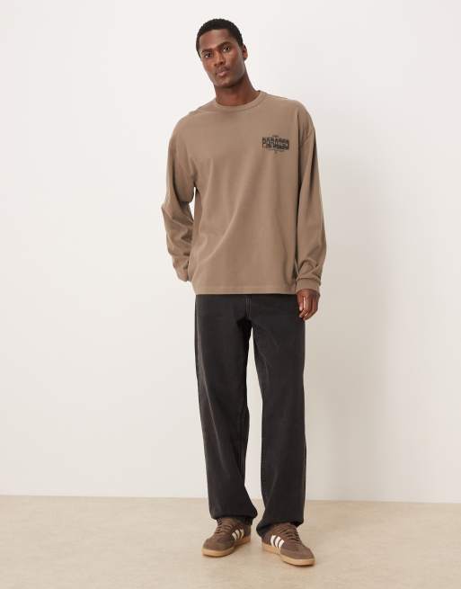 ASOS DESIGN heavyweight relaxed long sleeve t-shirt with text chest graphic in grey emerised fabric, 2 of 5