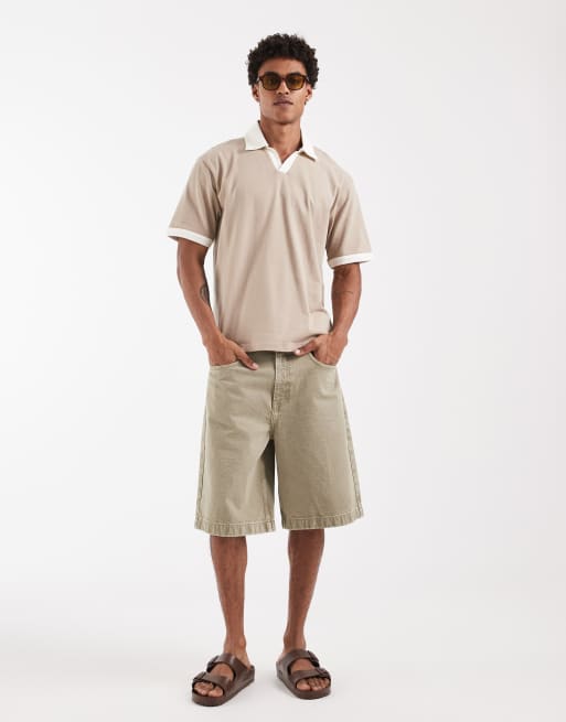 ASOS DESIGN heavyweight relaxed notch polo with contrast collar in beige, 2 of 5