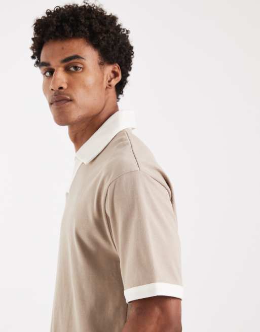 ASOS DESIGN heavyweight relaxed notch polo with contrast collar in beige, 4 of 5