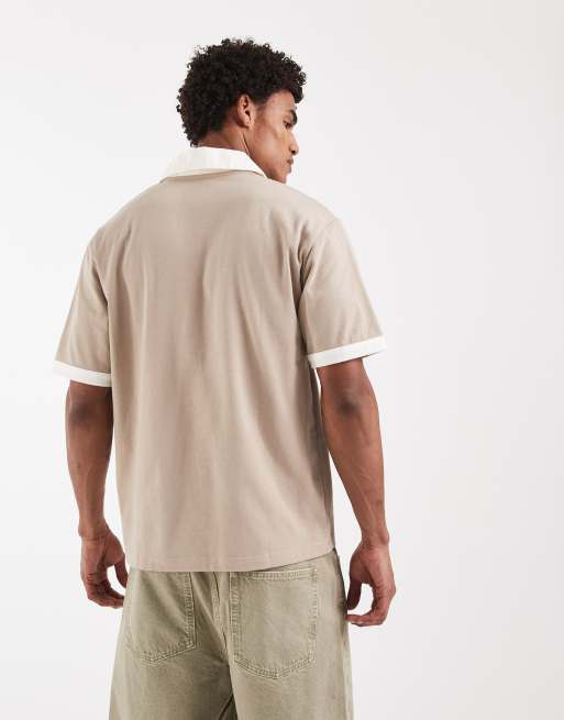 ASOS DESIGN heavyweight relaxed notch polo with contrast collar in beige, 5 of 5