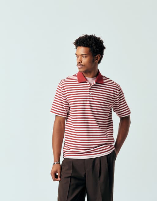 ASOS DESIGN heavyweight relaxed polo in burgundy and off white stripe, 2 of 5