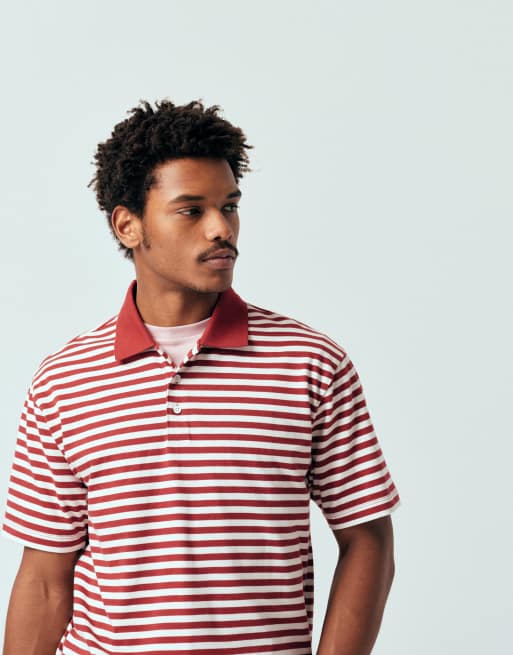 ASOS DESIGN heavyweight relaxed polo in burgundy and off white stripe, 4 of 5