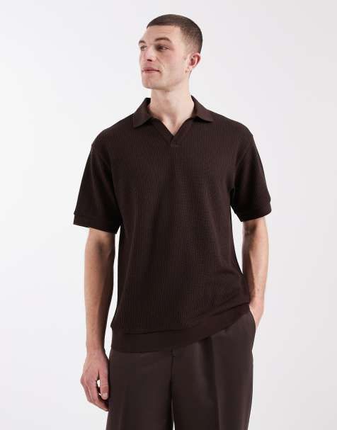 ASOS DESIGN heavyweight relaxed polo shirt in brown waffle knit - view 1