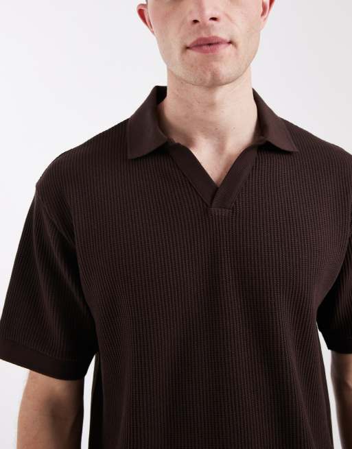 ASOS DESIGN heavyweight relaxed polo shirt in brown waffle knit, 5 of 5