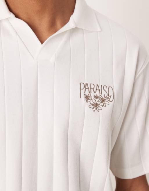 ASOS DESIGN heavyweight relaxed polo shirt with chest embroidery in white texture, 5 of 5