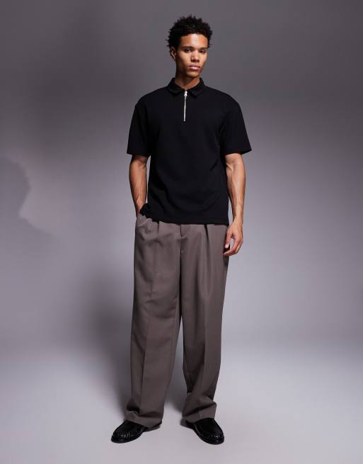 ASOS DESIGN heavyweight relaxed polo shirt with chest zipper in textured black, 2 of 5