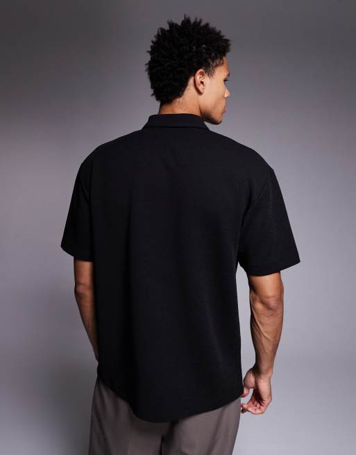 ASOS DESIGN heavyweight relaxed polo shirt with chest zipper in textured black, 3 of 5