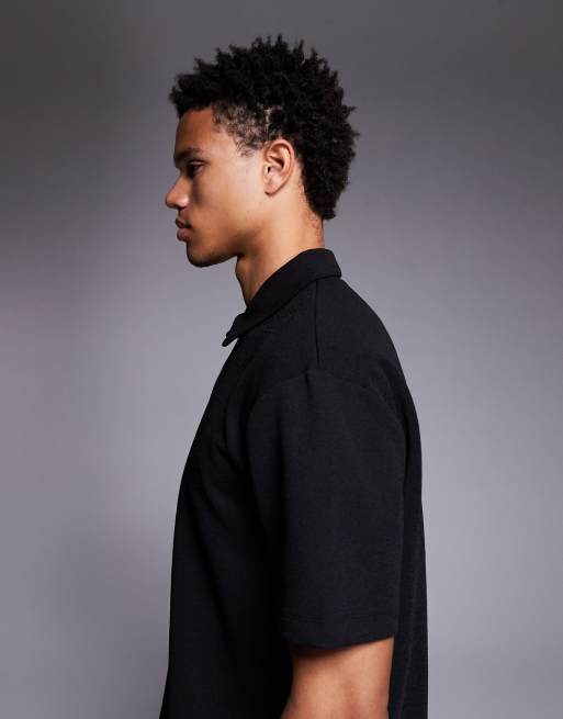 ASOS DESIGN heavyweight relaxed polo shirt with chest zipper in textured black, 4 of 5