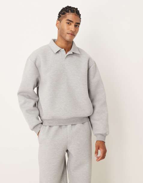 ASOS DESIGN heavyweight relaxed polo sweatshirt in scuba-style fabric in grey - view 1