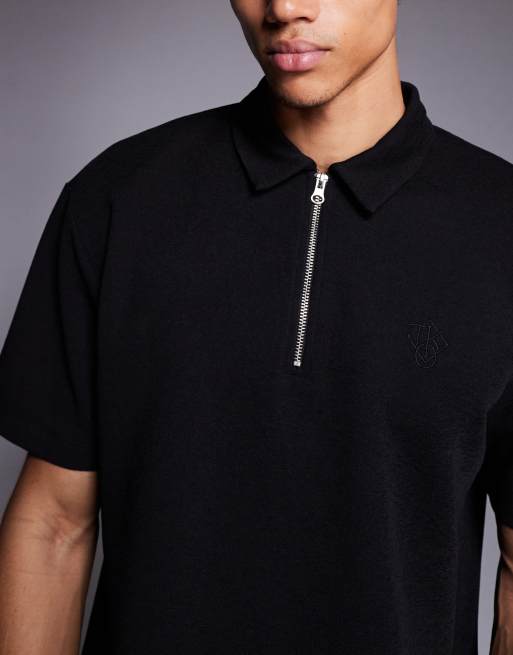 ASOS DESIGN heavyweight relaxed polo with chest sign off in black texture, 5 of 5