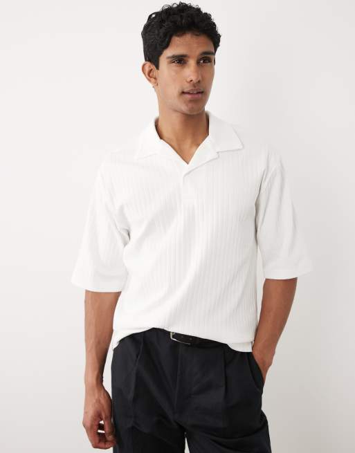 ASOS DESIGN heavyweight relaxed polo with half sleeves in white wide rib, 3 of 5